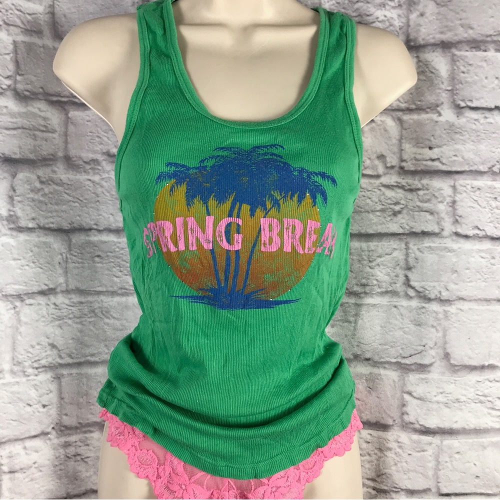 PINK Vintage‎ Graphic “Spring Break” Crystal Rhinestones Tank y2k a801